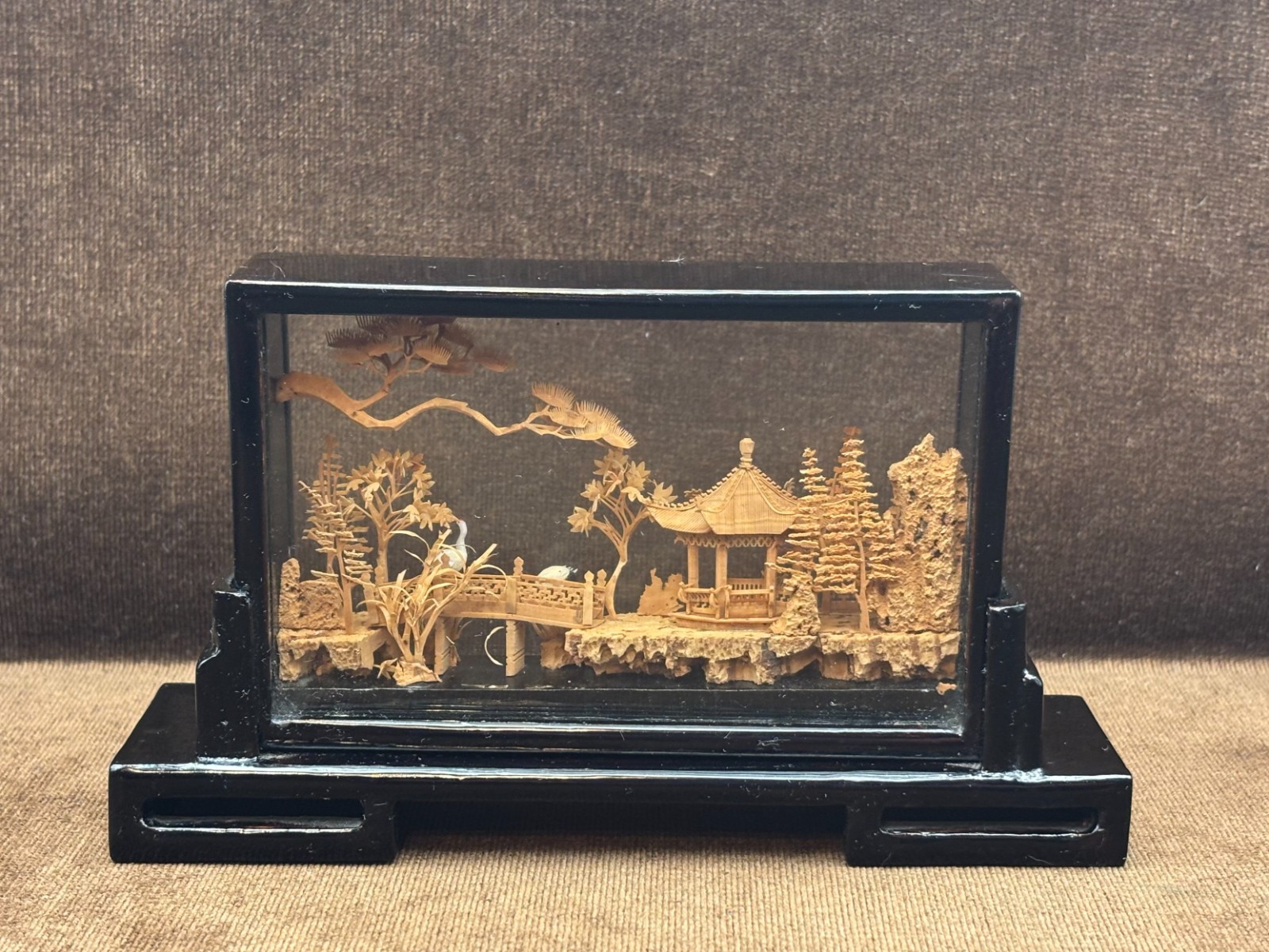 Chinese Carved Cork Sculpture Diorama 2 White Cranes Herons Black Enamel Frame