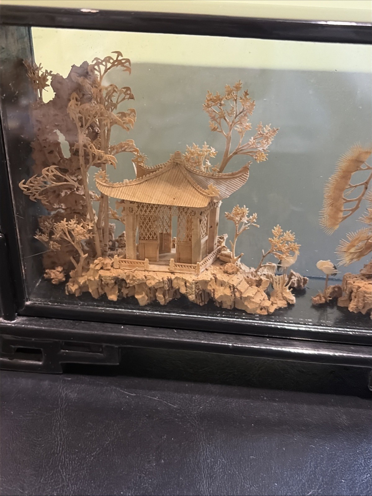 Vintage Chinese Hand Carved Cork Diorama with birds Framed Glass Wood
