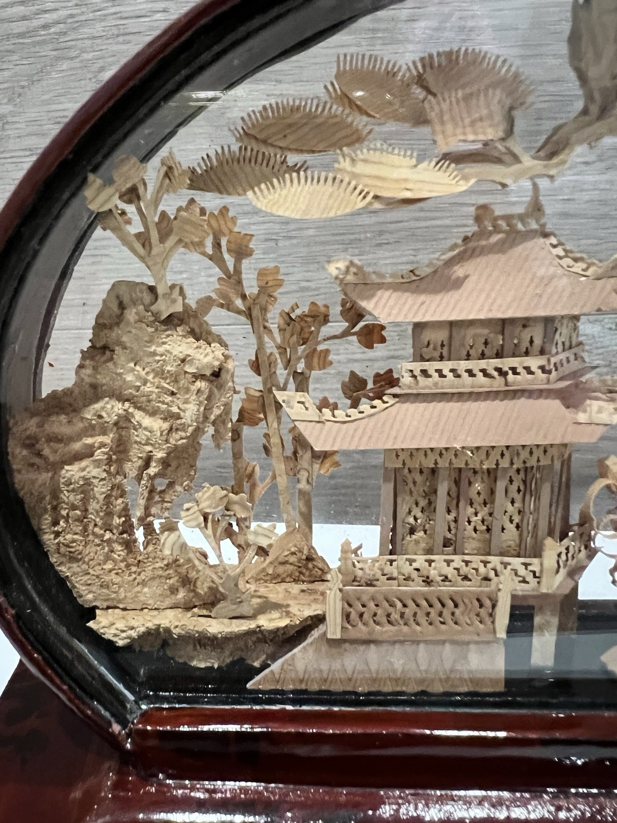 Vintage Chinese Hand Carved Cork Enclosed Diorama Sculpture Village 8” Long