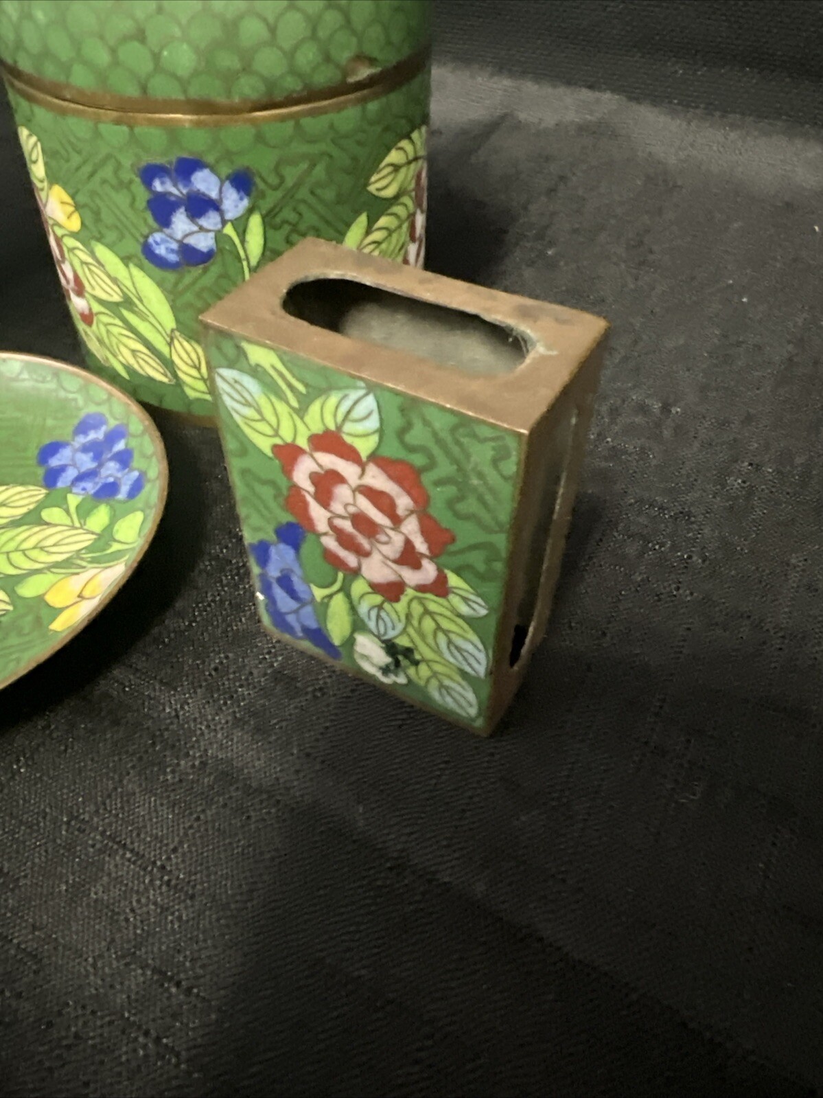 5pc Vintage Chinese Lidded Cigarette, Matches & Ashtray Cloisonné Green Enamel