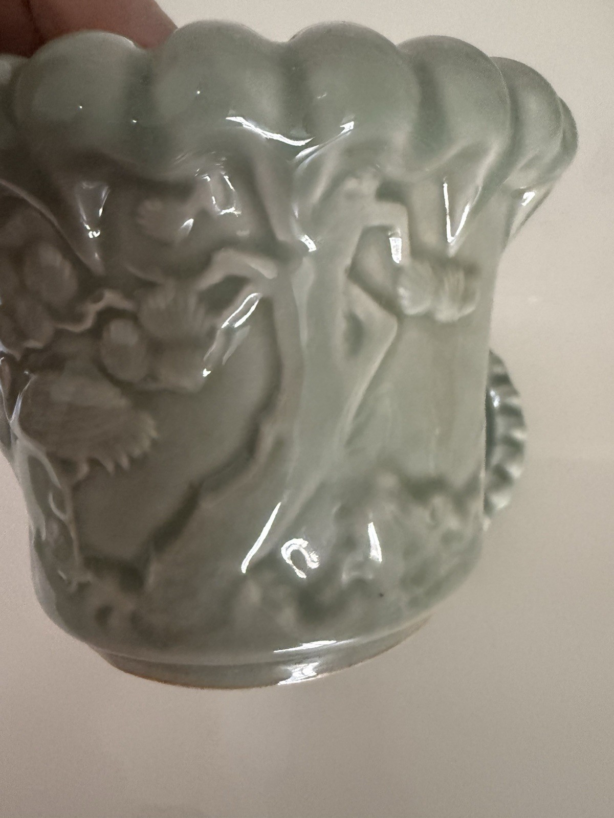 VTG Chinese Celadon Planter Pot With Scalloped Top And Tray Bonsai With Crane