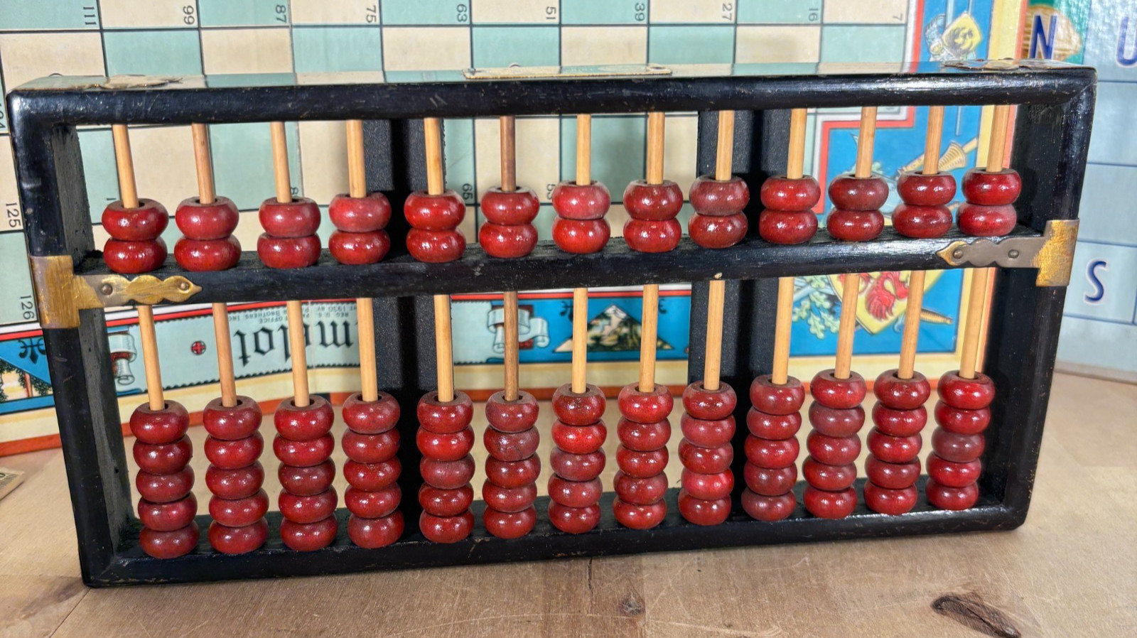Vtg Chinese Abacus Wood and Brass 13 Rows 91 Beads, Lotus Flower Brand Red Black
