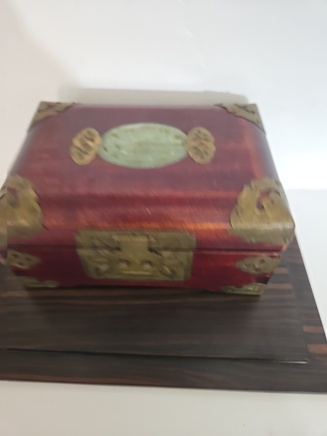 Jewelry Box Wooden Brass Accents Shangai Jade Detail VTG
