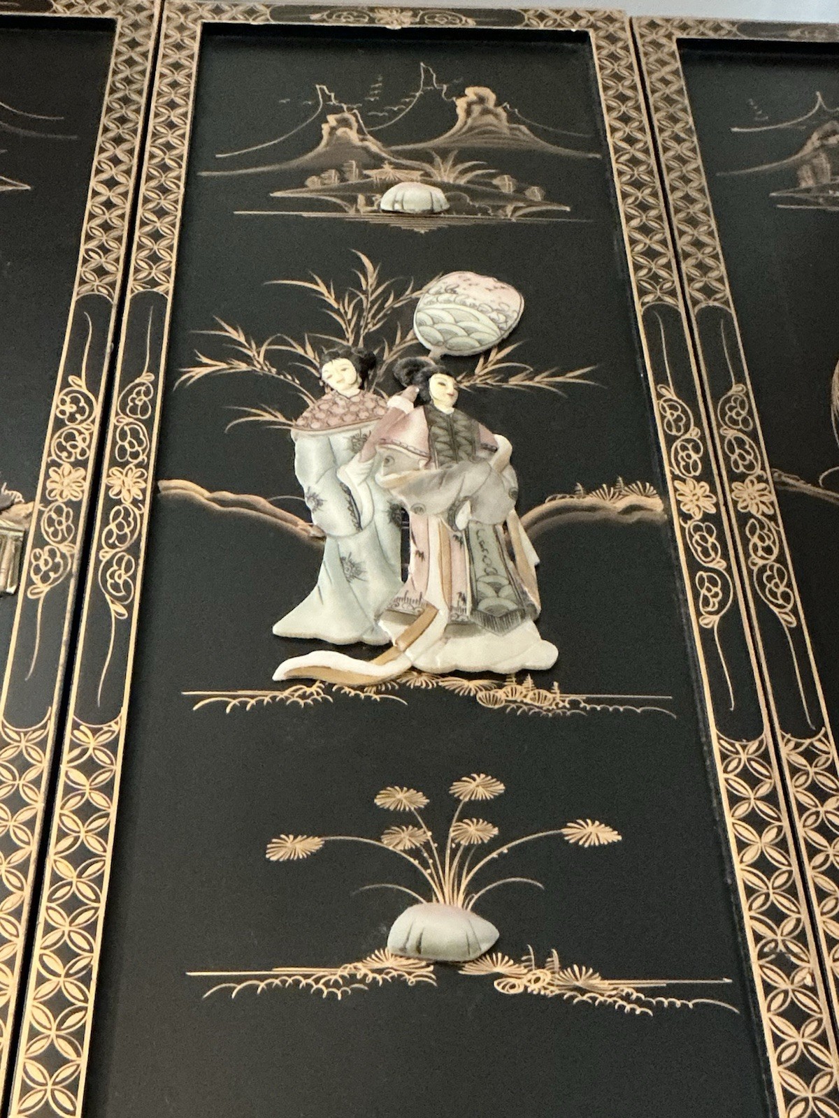 Lot Of 4 Chinese Wood Panel Wall Hanging, 12” By 36”, Used In Great Condition.