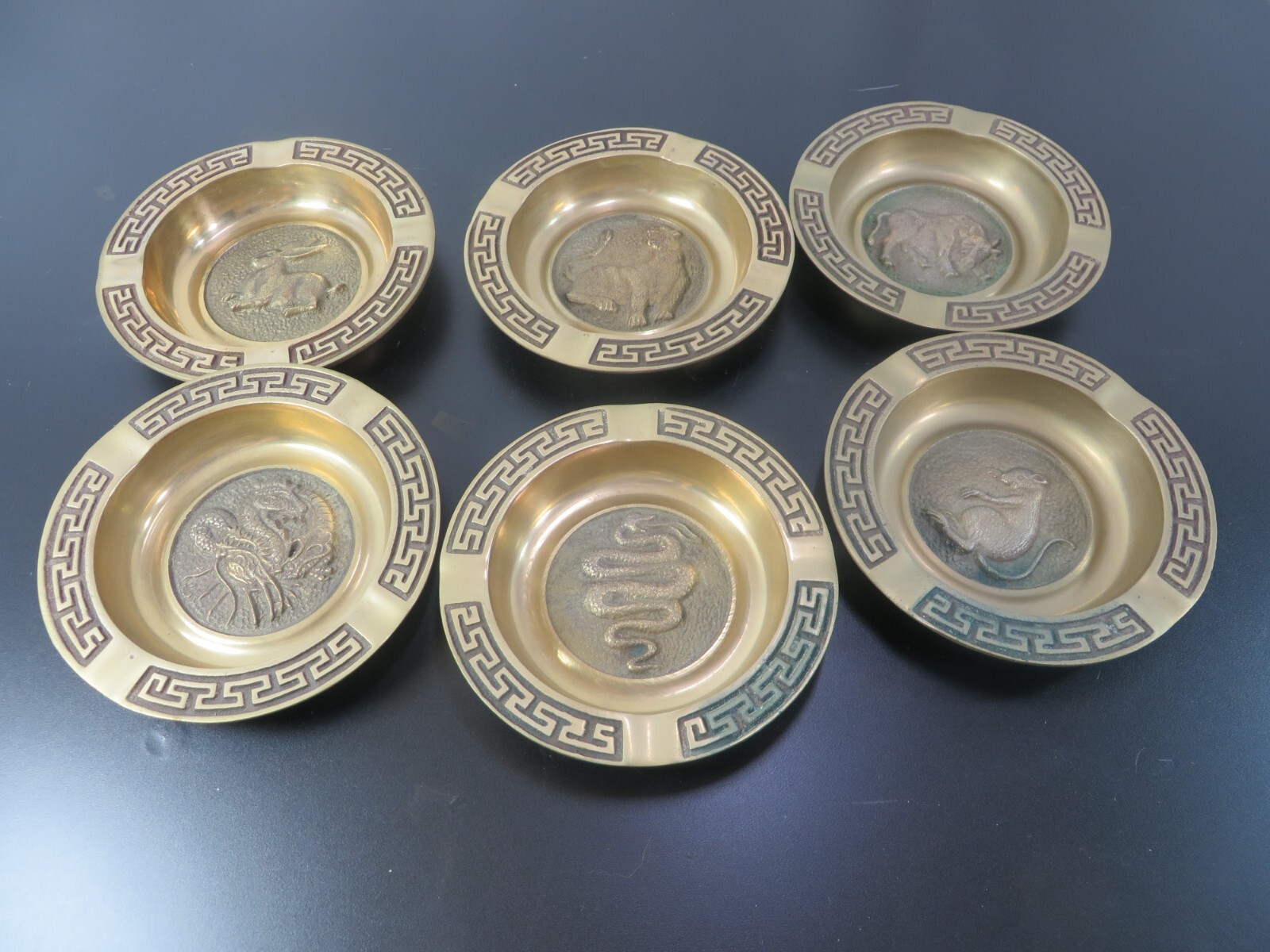 Vintage Brass Ashtrays Chinese New Year Zodiac Symbols Astrological Set Of 6