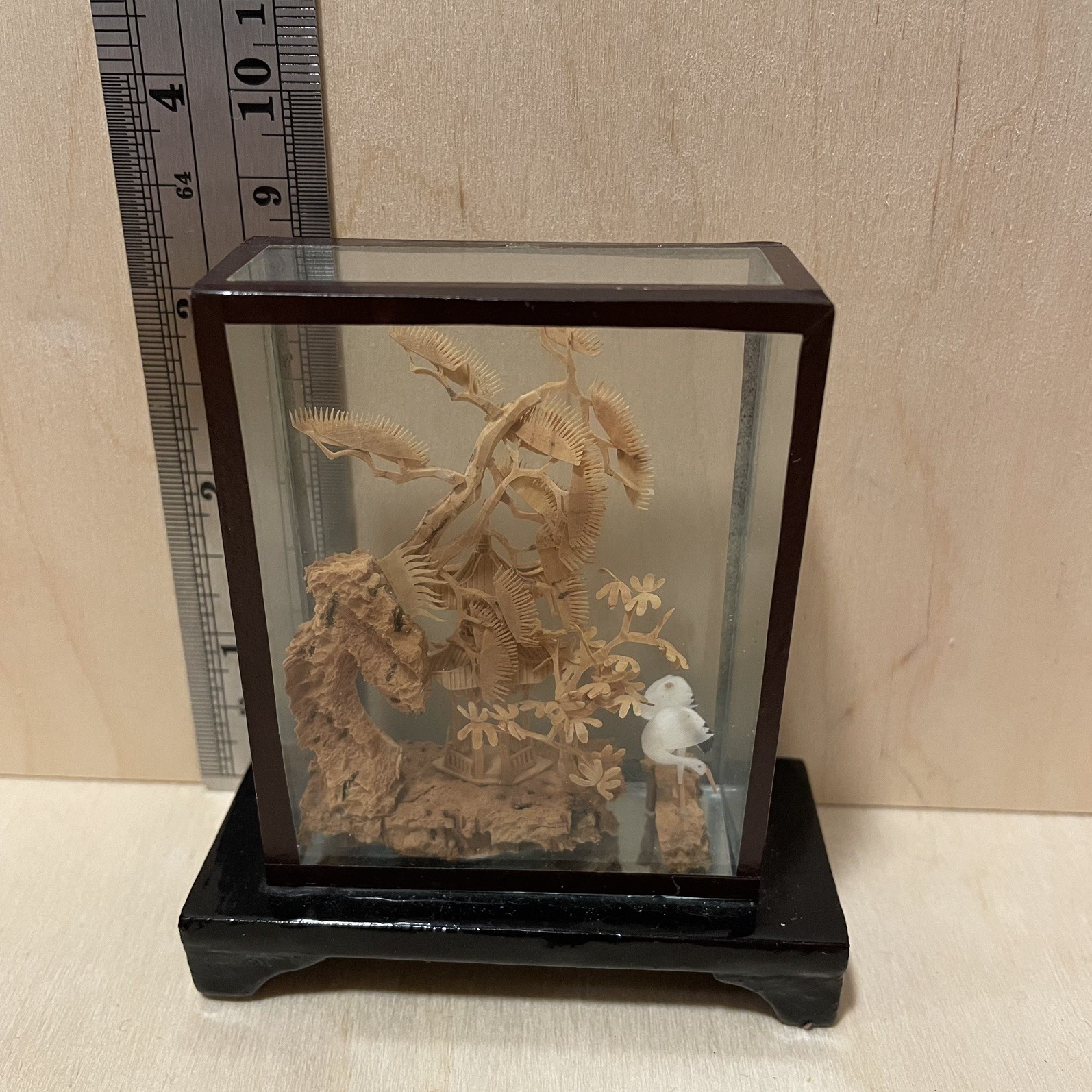 Handmade Vtg Small Chinese Carved Cork Diorama Pagoda with Trees Cranes 3.5″