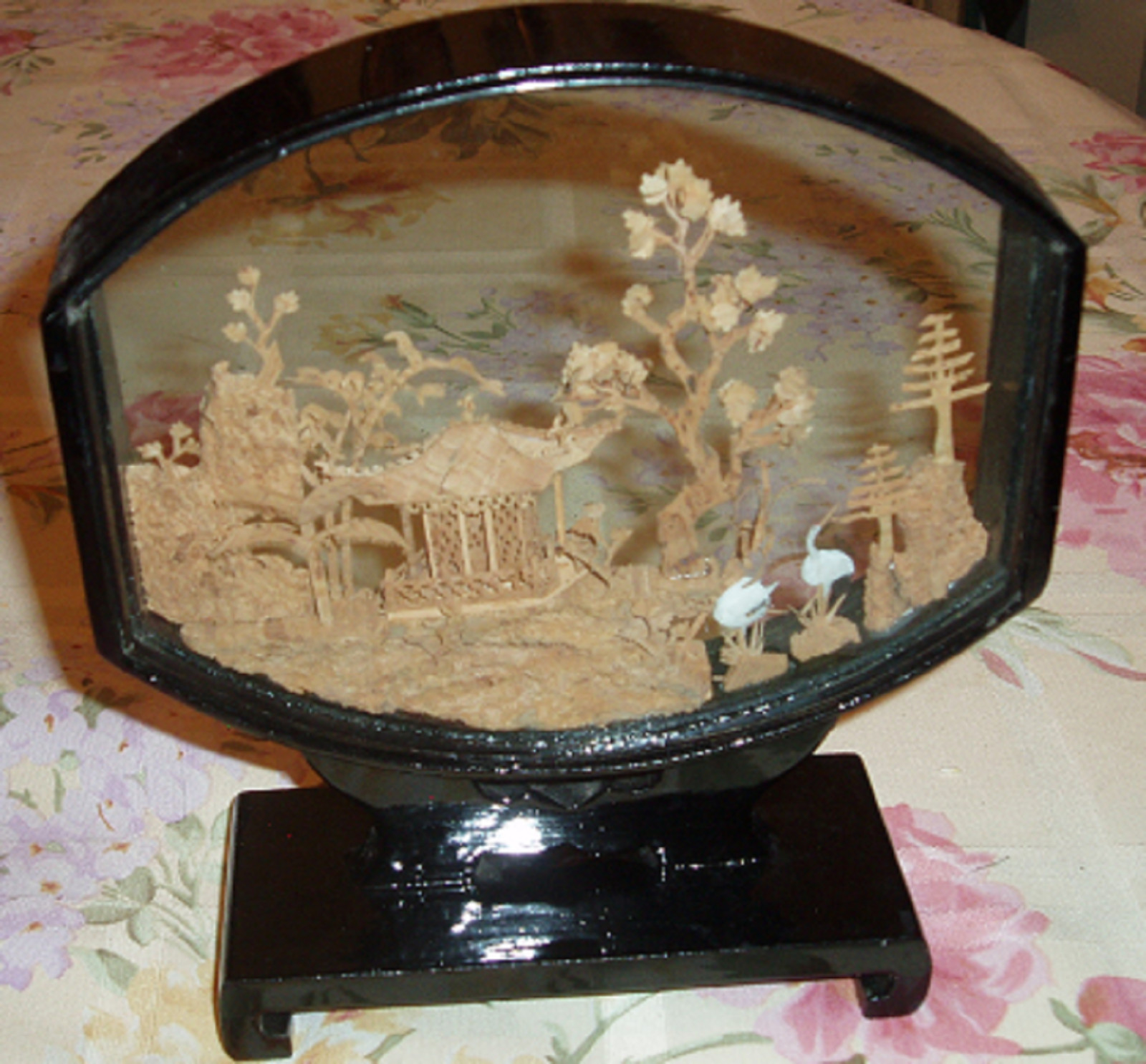 Vintage Chinese Artwork Cork Sculpture Rounded Display Pagoda Cranes Trees
