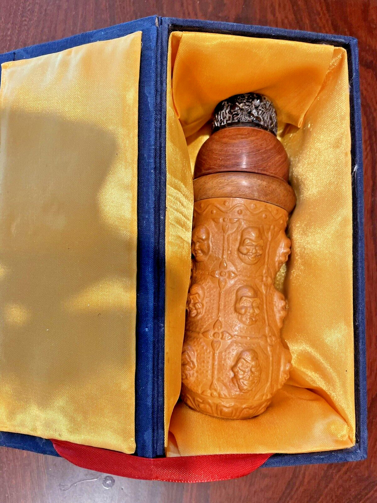 Rare Design Classic Chinese Monk Faces Cricket Container w/Special Carved Cover