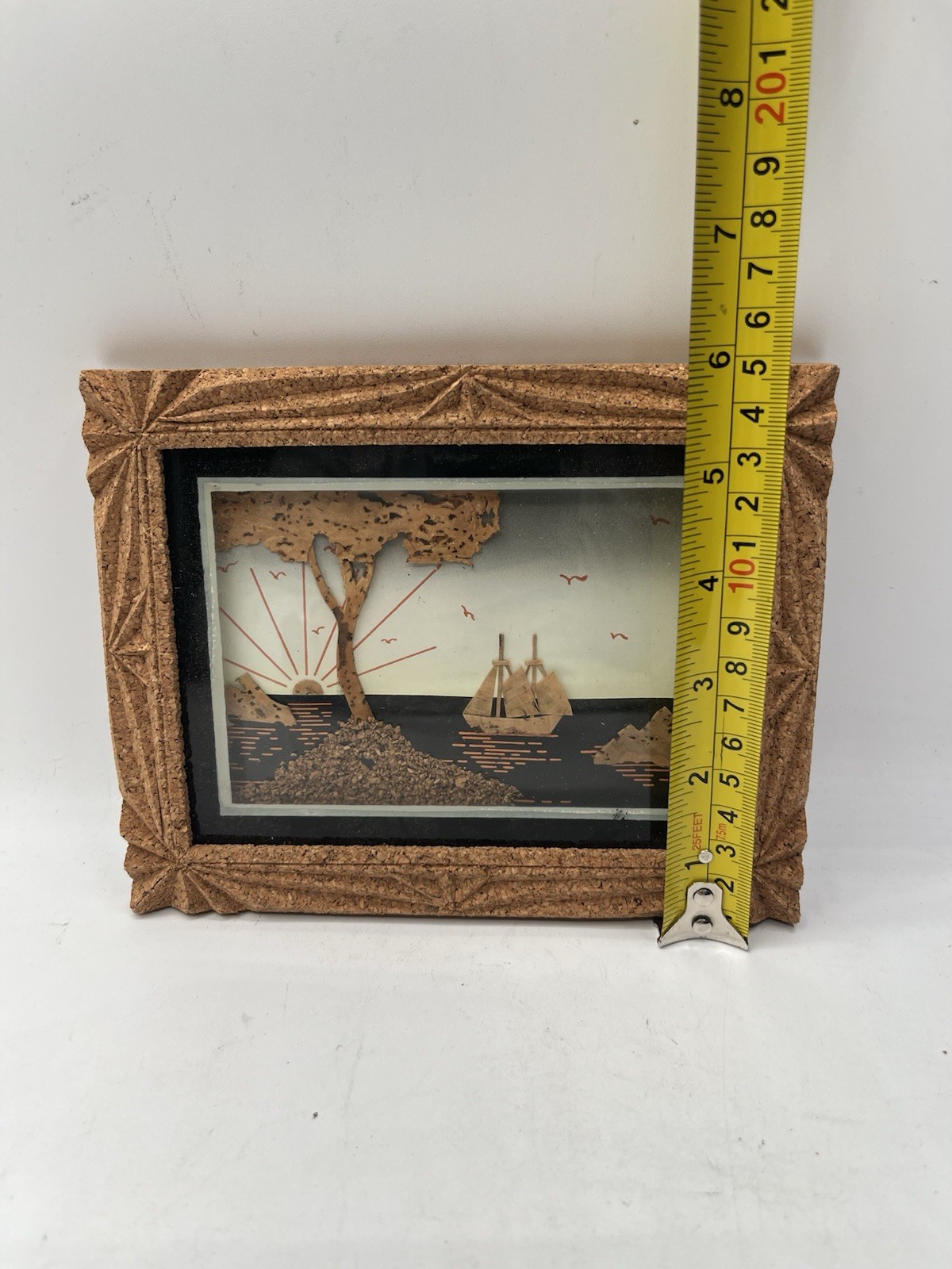 7.5×6” Framed Chinese Cork Sculpture Carving Diorama Wall Art Sailboat Trees