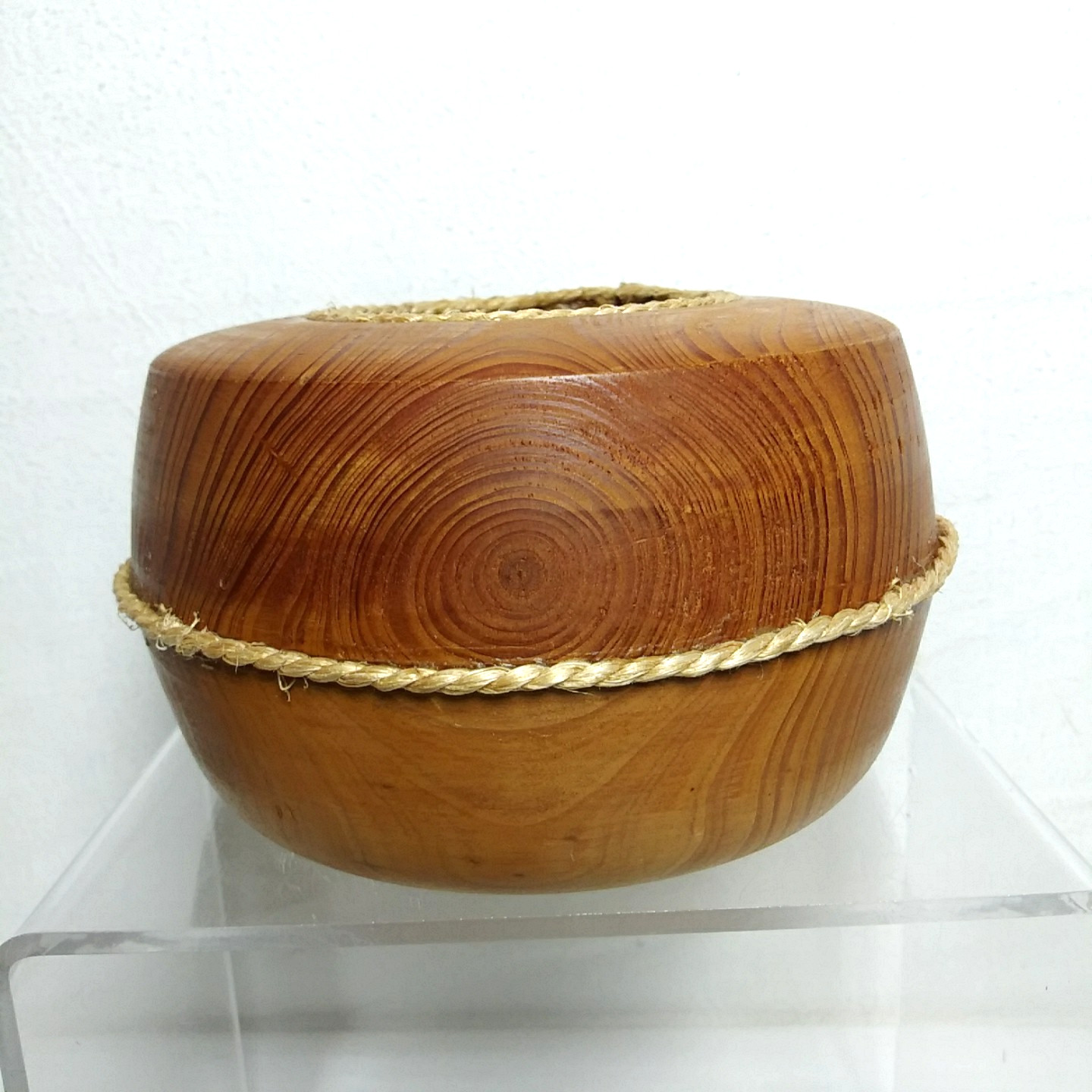 Hand Turned Cypress Wood Decorative Bowl Signed 3×6 Rope Accents