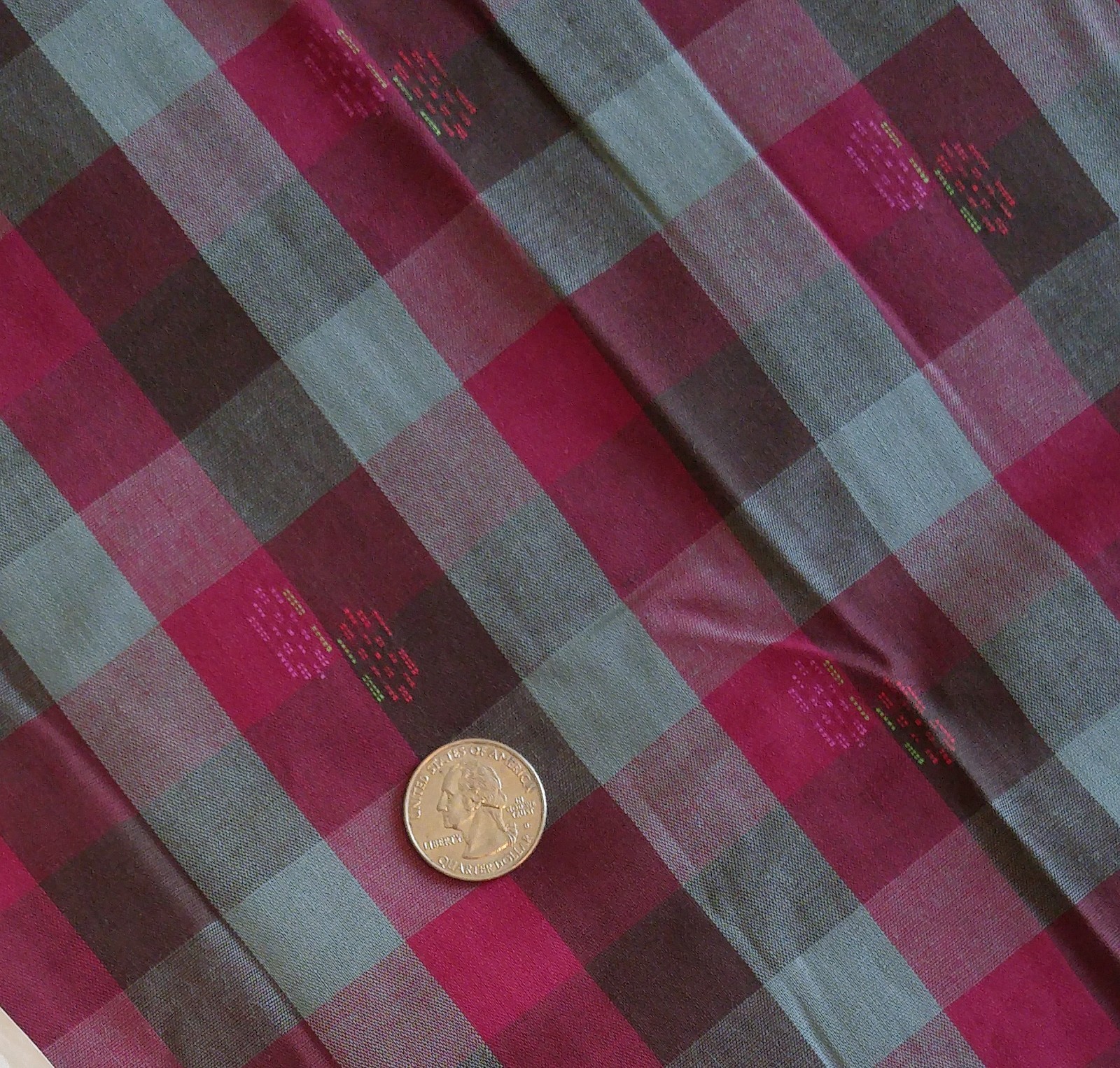 Cotton Check Plaid Shirt Fabric Maroon Brown Grey Embroidered 45″W x 3 Yards