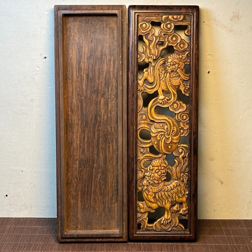 Exquisite inlay bamboo carved foo dog lion ebony natural Incense box pomander