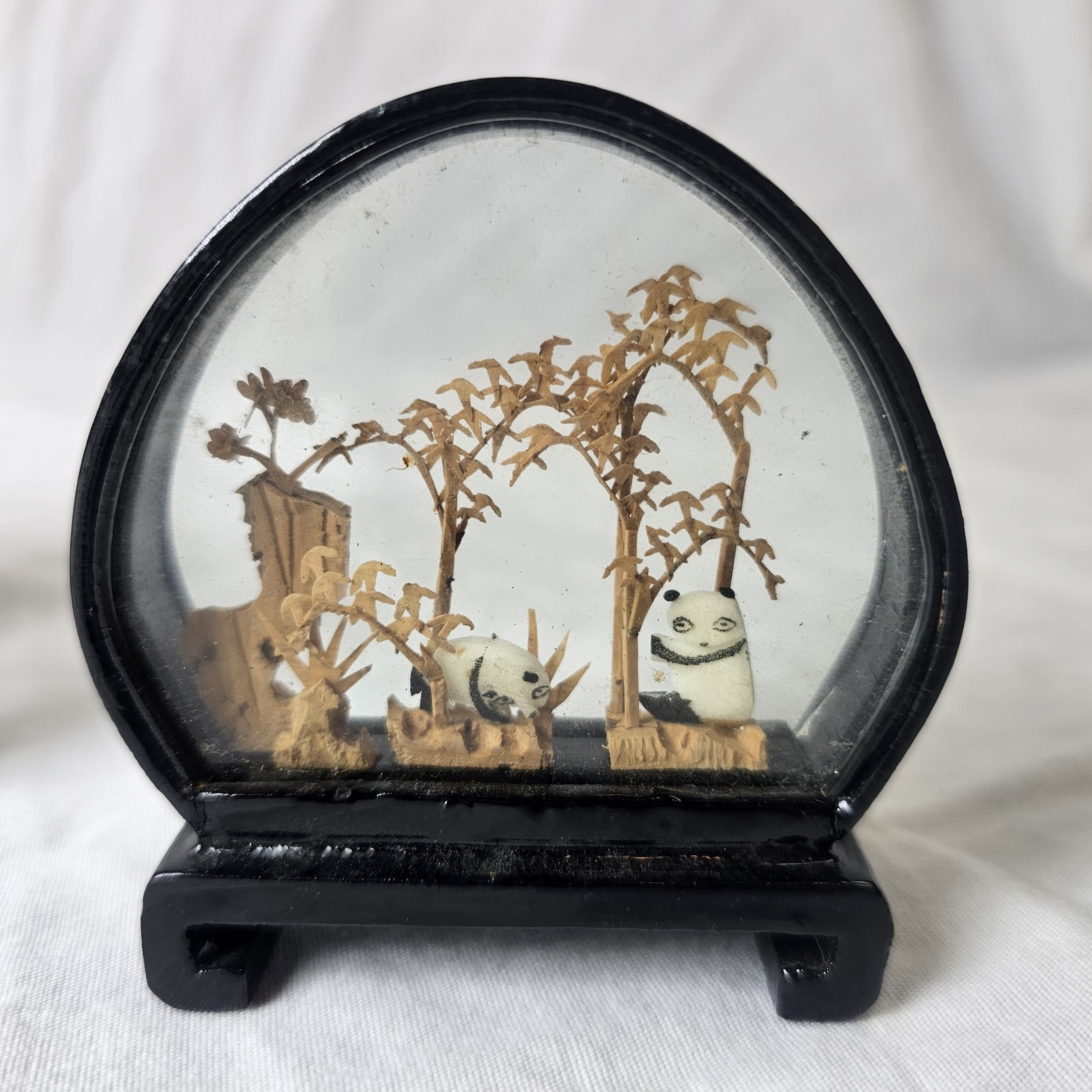 Vintage Lot Of 6 Chinese Carved Cork Lacquer Ware Diorama Sculpture Bird Panda