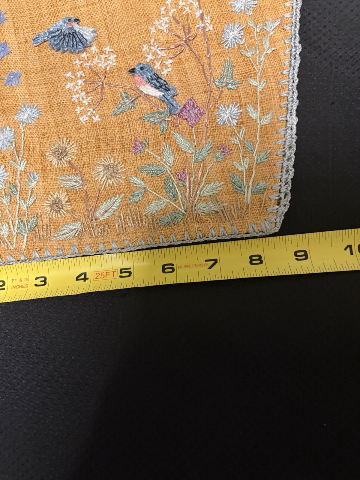 Antique Asian Embroidered Burlap Blue Bird Floral Panel 11″ Micro Bead Hemstitch