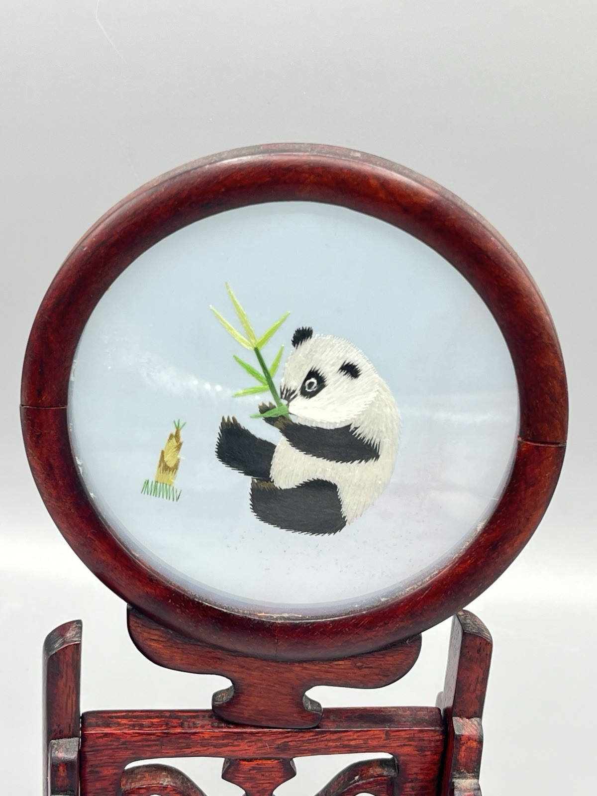 ASIAN Chinese Panda Double Sided Silk Embroidery Wooden Screen – Read