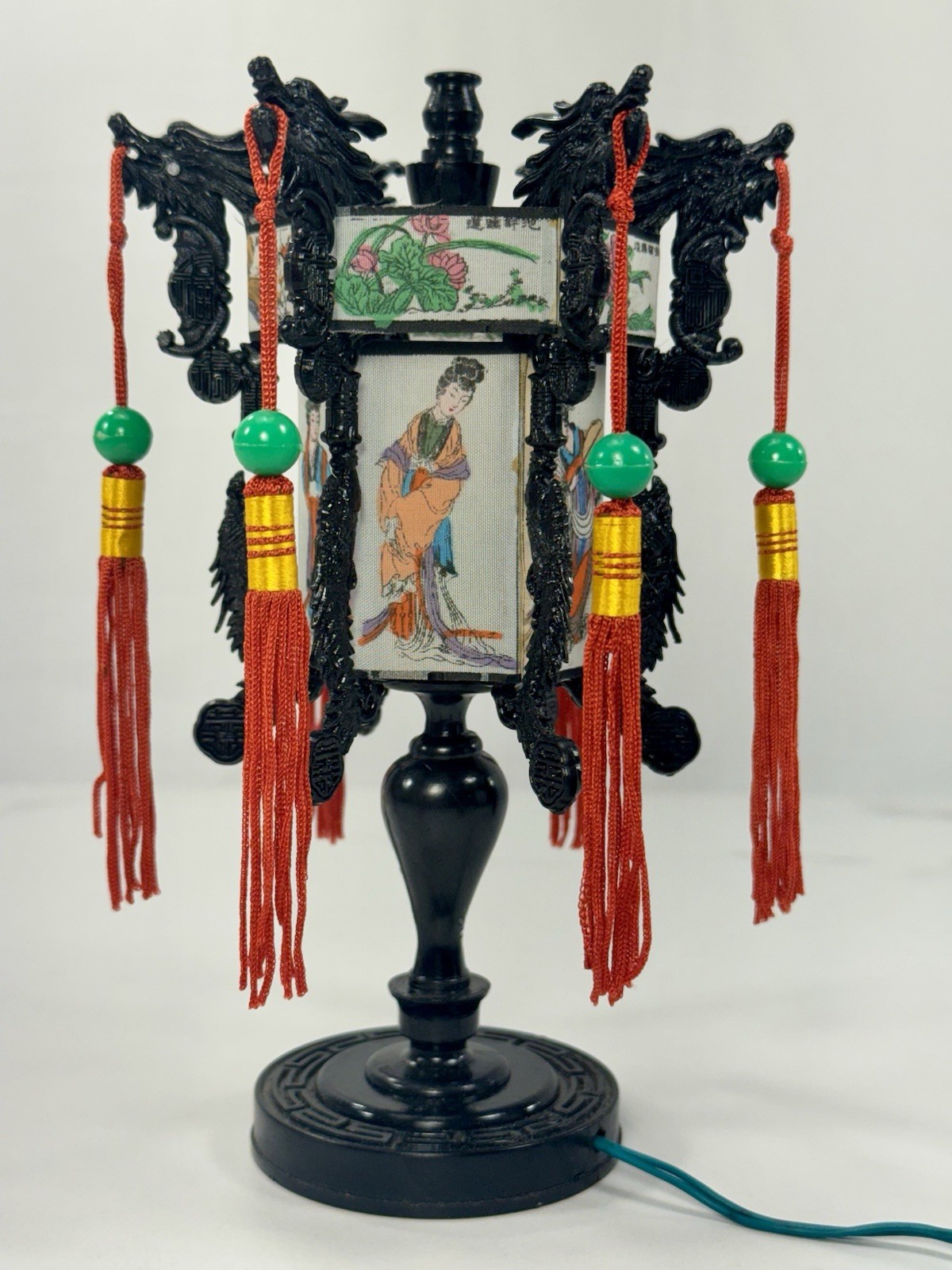 Vintage Chinese Dragon Lantern Table Lamp Light Asian Decor Red Tassels w Box