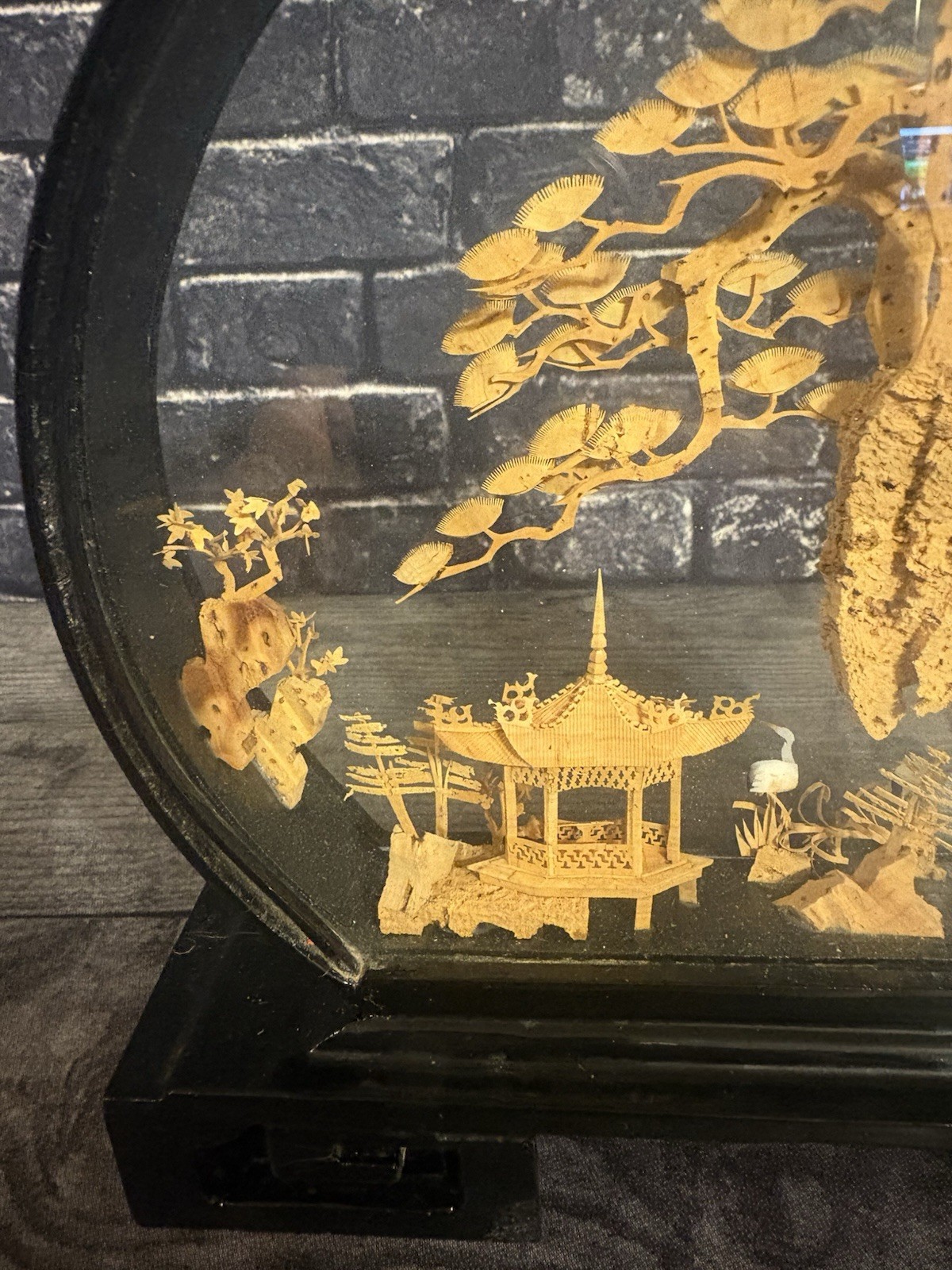 VINTAGE ROUND CHINESE CORK ART HAND CARVED DIORAMA PAGODA CRANES TREES CLIFF 9″