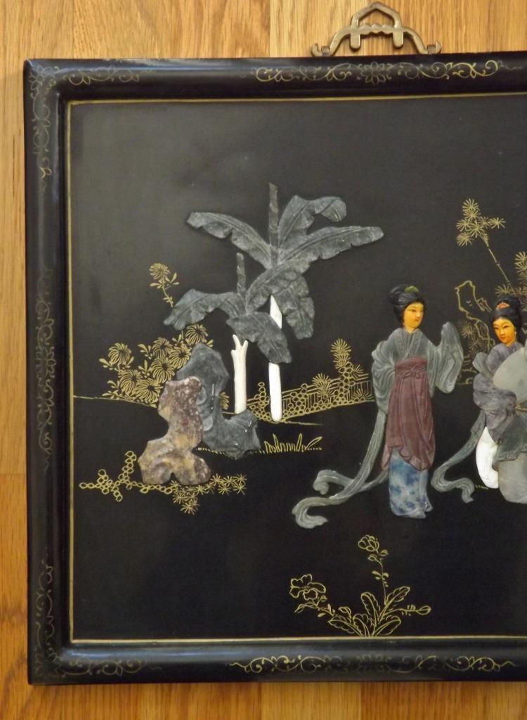 2 Asian Oriental Lacquer Mother of Pearl Wall Art Panels 14″ x 16″