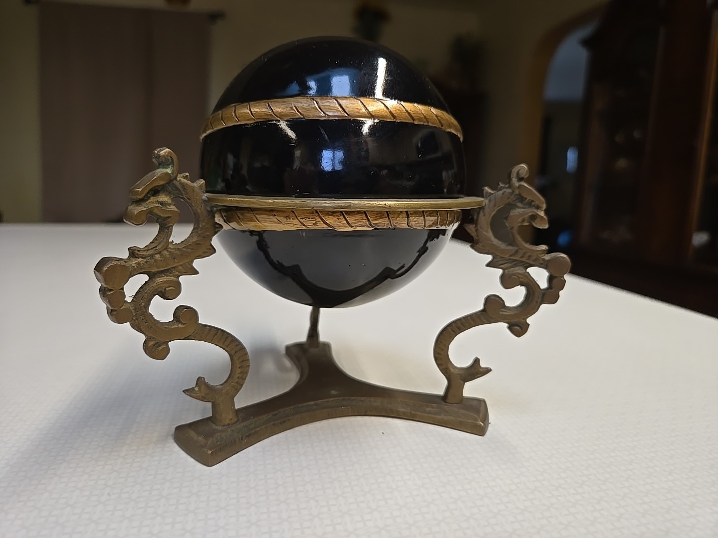 Vintage Brass 3 Dragon Sphere Stand With Hand Painted Black Wooden Ball RARE
