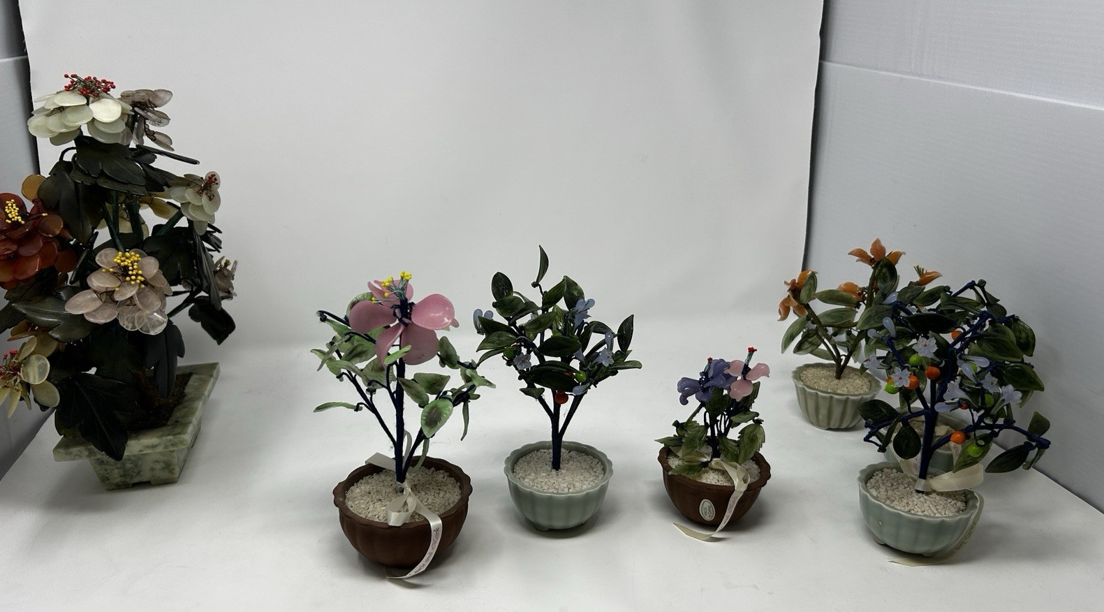 Vintage Chinese Jade Glass Bonsai Tree Lot of 7 Pink Quartz Flowers Pots⁠