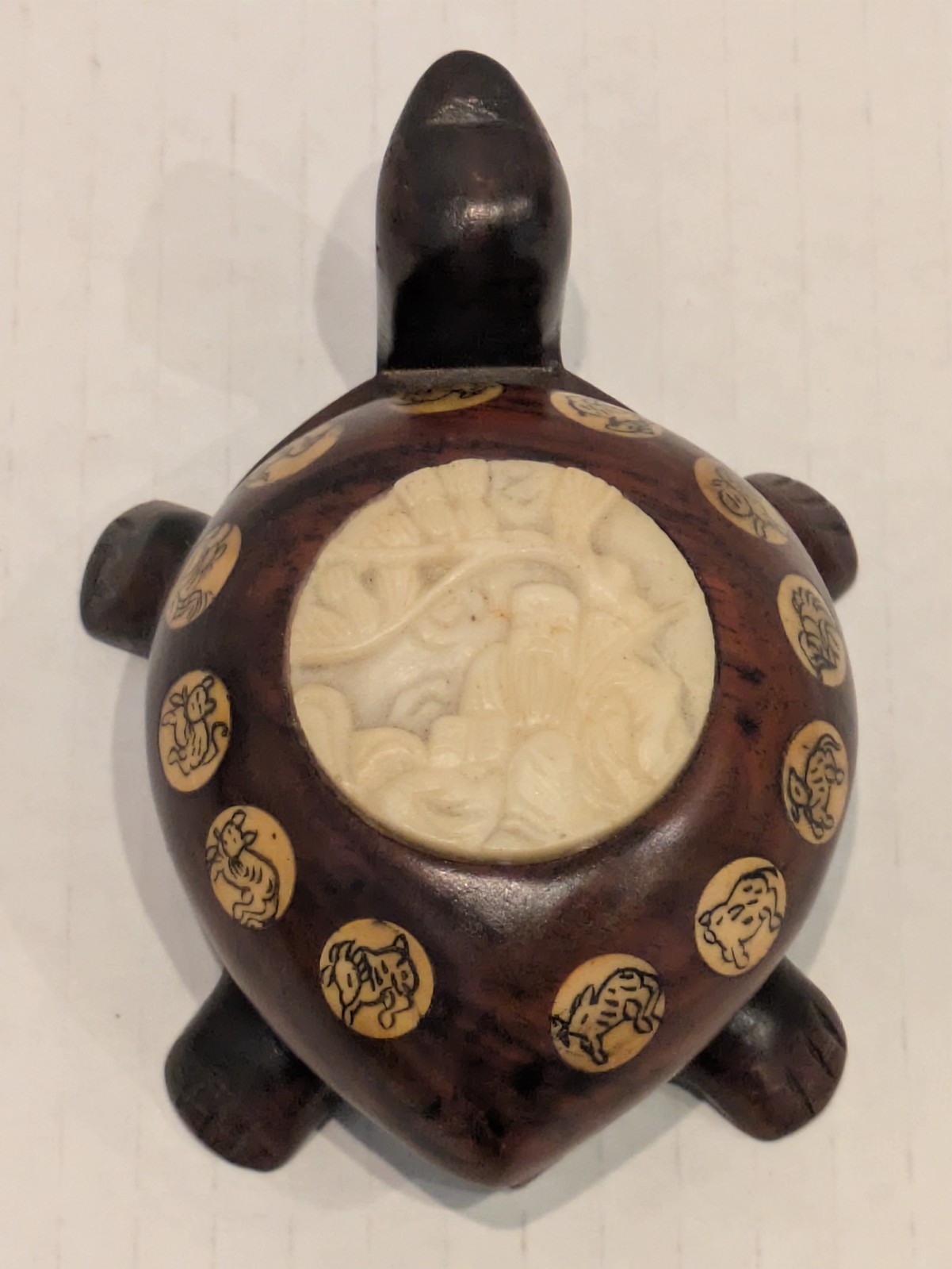 Vintage Carved Wood Turtle with Inlaid Chinese Zodiac Signs Opens to Compass