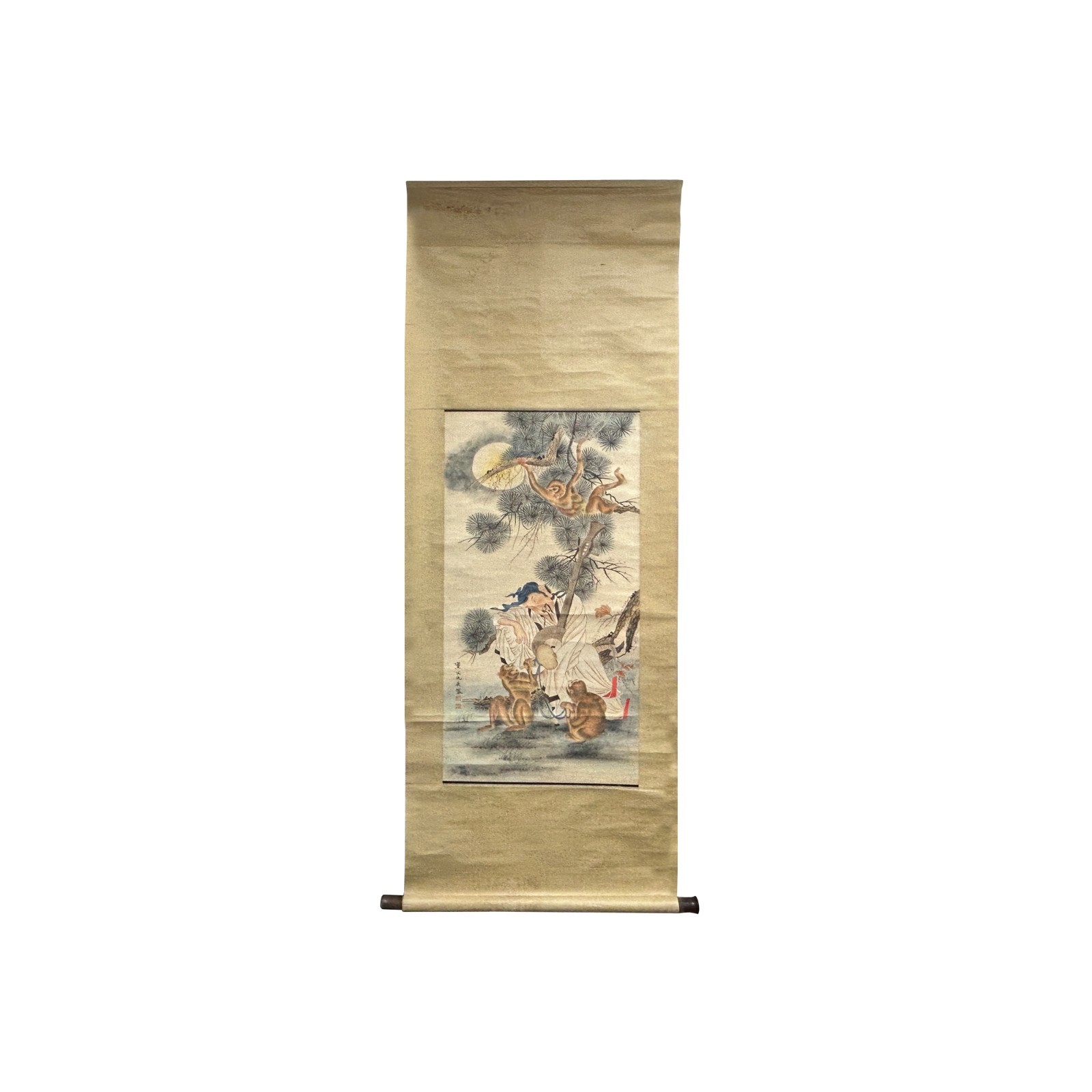 Oriental Scholar Monkeys Ink Brush Color Scroll Painting Wall Art ws4781