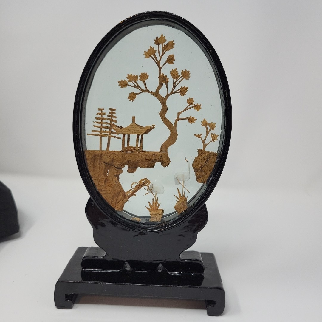 Vintage Oval Chinese 3D Art Wood & Cork Diorama Asian Crane Tree on Pedestal