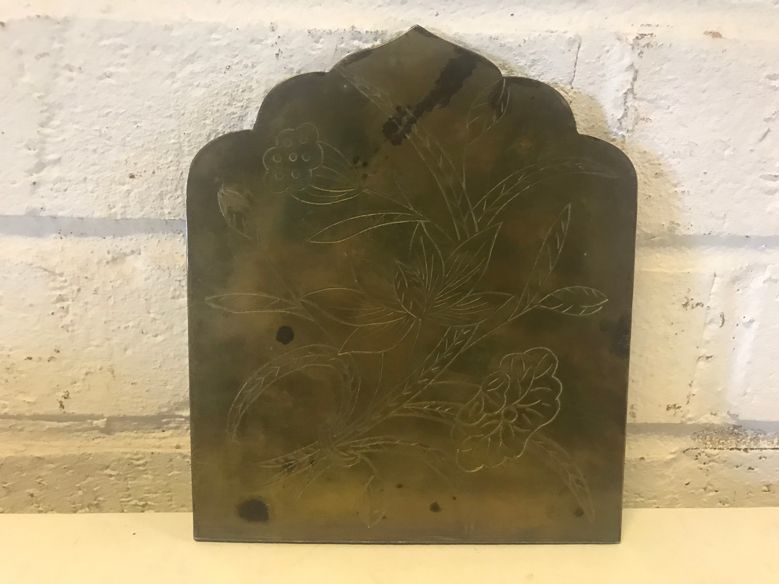 Antique Chinese Porcelain Painted Plaque Inset in Brass Frame Floral Decoration