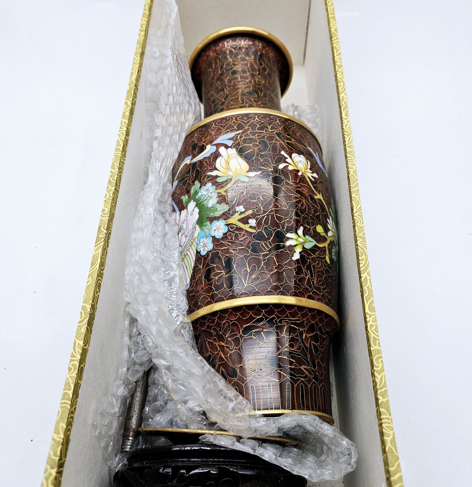 Chinese Cloisonne Ware Vase Lamp Base 12″ Brown Enamel Brass Box Wood Base
