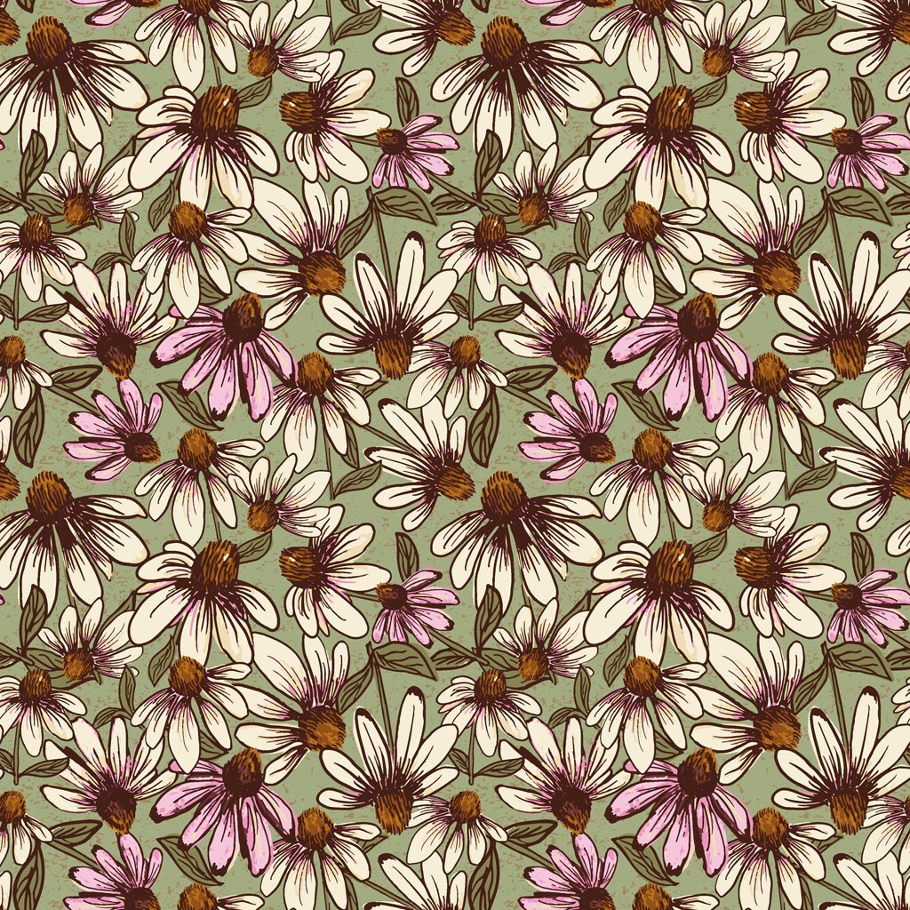 Coneflower Corral Echinacea Y4558-24 Olive fabric BTHY Clothworks