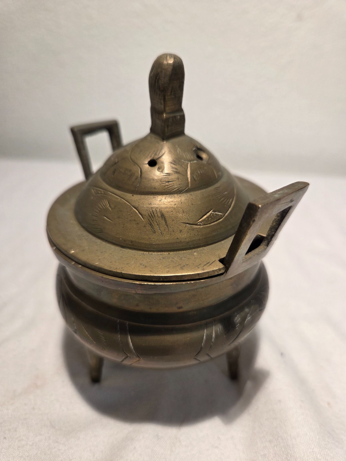 Vintage Marked & etched Chinese Brass Tri-Footed Incense Burner Holder