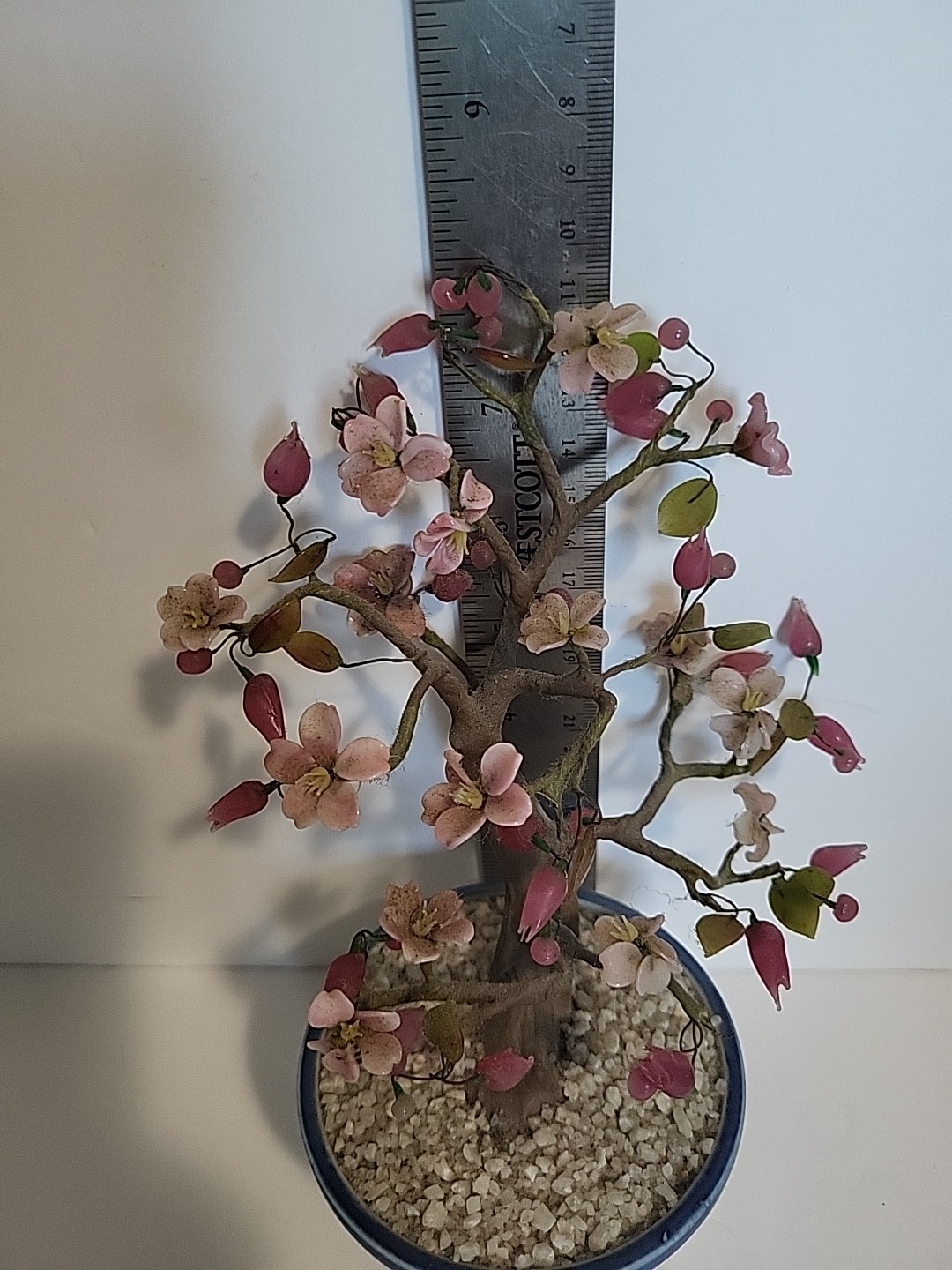 Jade & Agate Glass Cherry Blossom Bonsai Tree In Blue & White Ceramic Pot