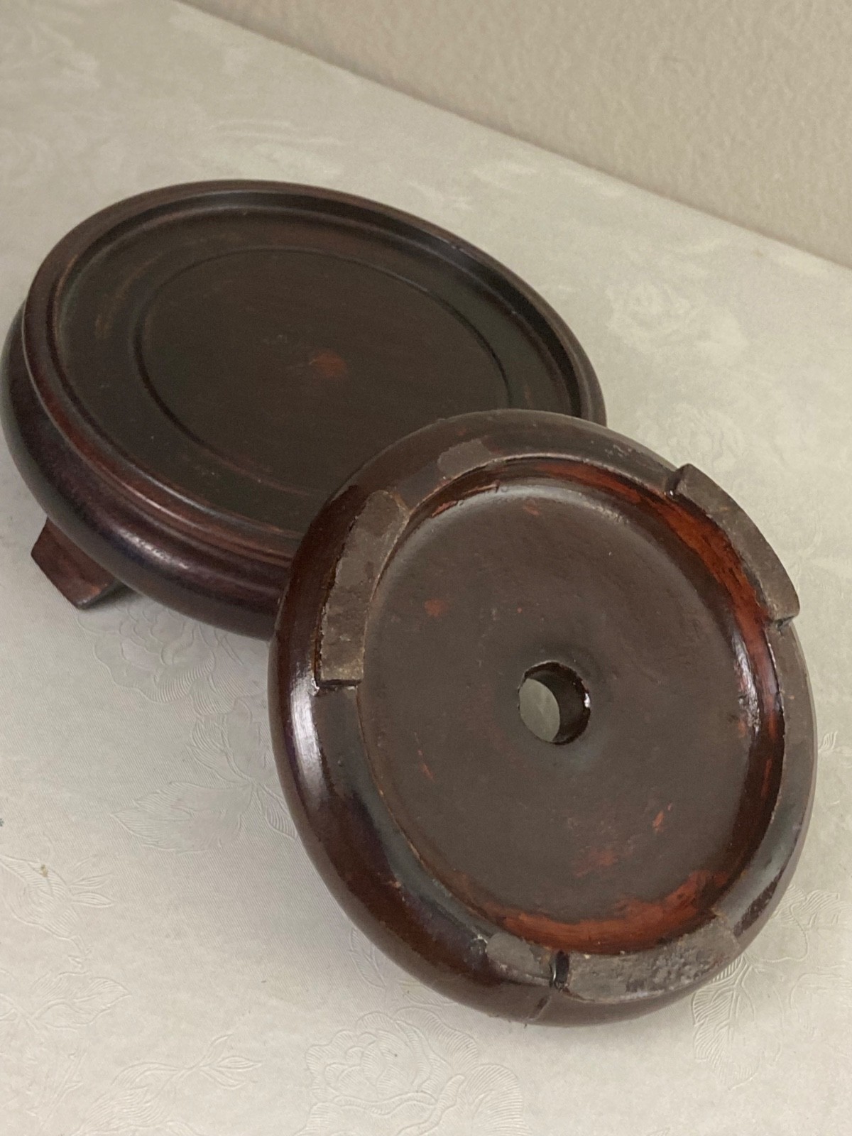 2 Asian Rosewood Hand Carved Round Bases- one w/hole, 2nd solid, 3 footed