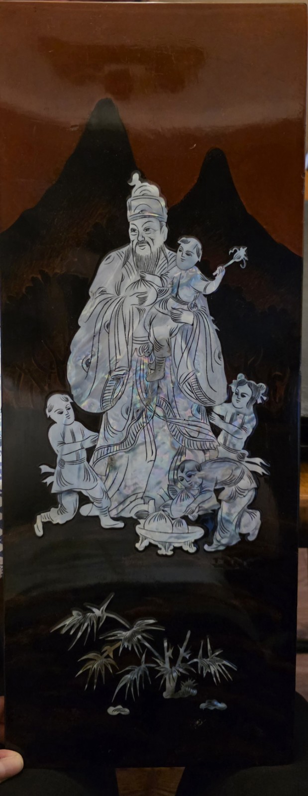 Chinese 4-Panel Black/Brown Lacquer Screen, Mother-of-Pearl Inlay Figures
