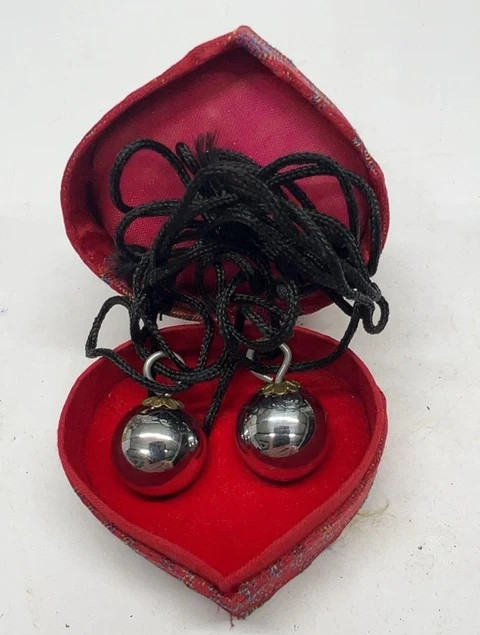 Silver Pair of Chime Baoding Ball Necklaces Red Heart Shaped Box SKU OD-BB-39