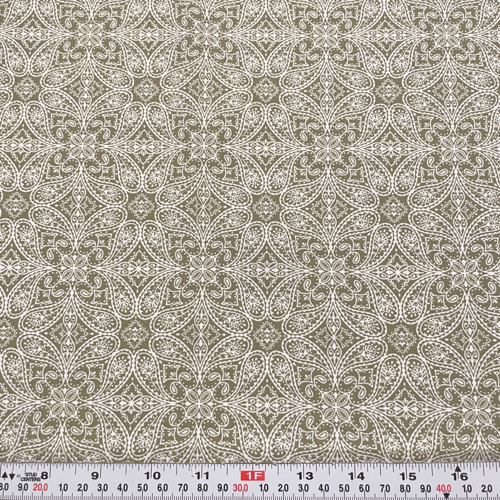 Buttercream Joann Paisley on Green Cotton Fabric Remnant 16″ x 43″
