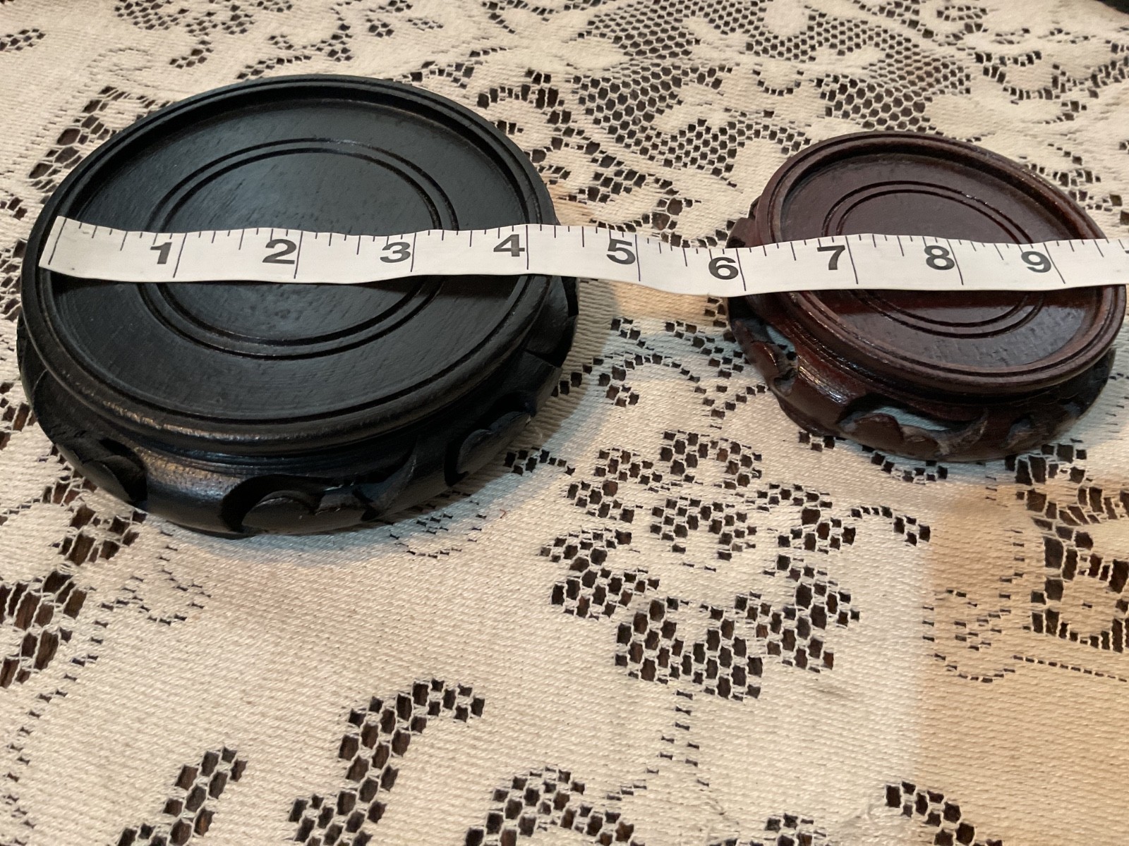 Vintage Chinese Carved Wood Display Stands Black and Brown 4.5 and 3.25”