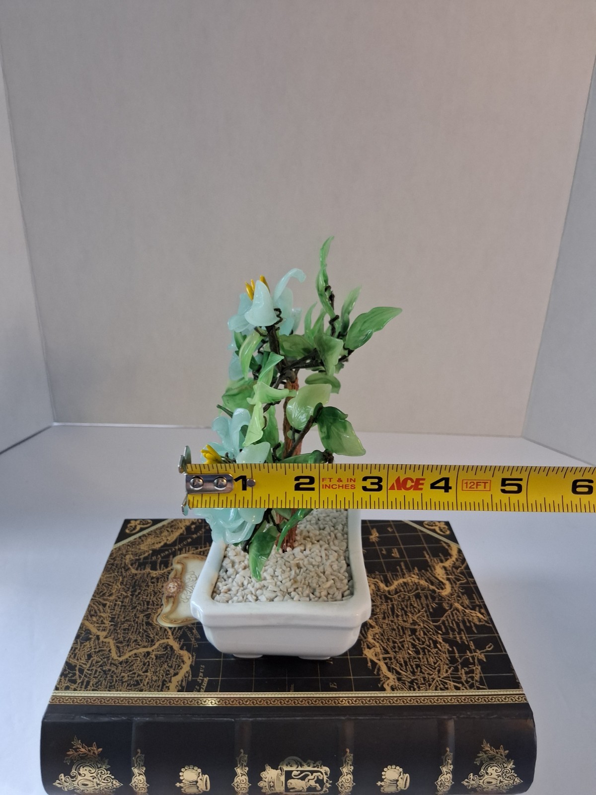 Vtg 1980’s Aqua Blue Peking Glass Blossomed & Jade-Stone Leaf Bonsai Tree; EUC!