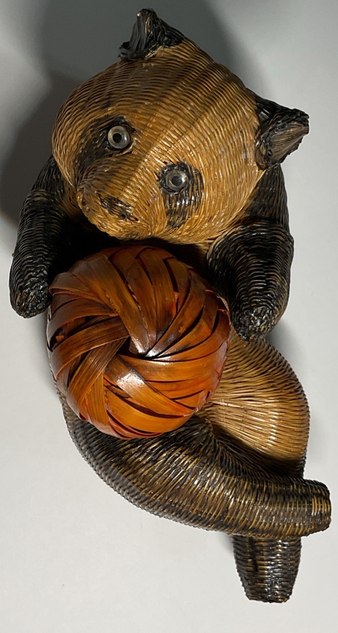 Handcrafted Wicker Panda Laying On Back Holding Ball Shanghai Handicrafts