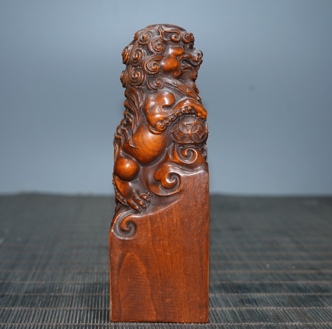 4.7″ Collect China Box-wood Carving Animal Foo Fu Dog Guardion Lion Seal Signet