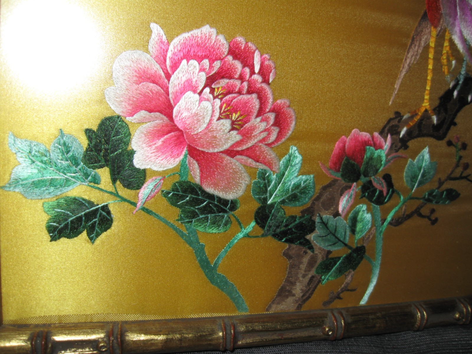 Asian Lot Silk Art Framed Signed Peony Embroidered 2 Sake Sets 100 Children silk