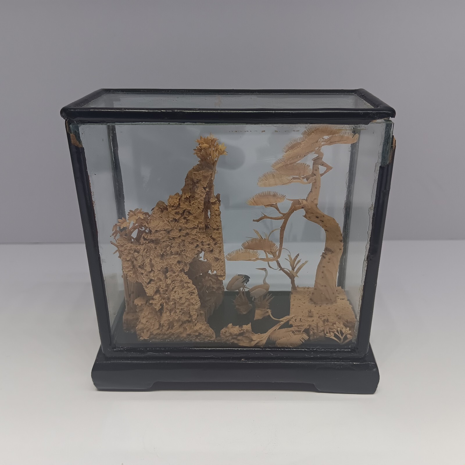 VTG Chinese Cork Carving Diorama Shadow Box Asian Art Pagoda Cranes 4″x4.5″x1.5″