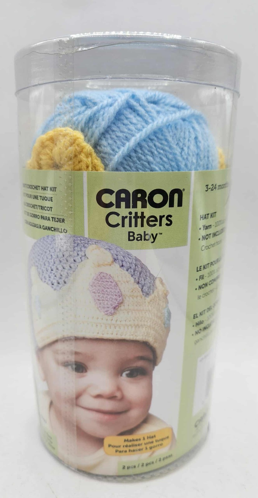 New Sealed Caron Critters Baby hat Kit for 3-24 months yarn Blue Crown