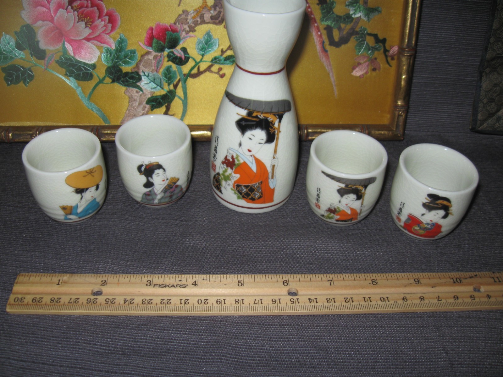 Asian Lot Silk Art Framed Signed Peony Embroidered 2 Sake Sets 100 Children silk