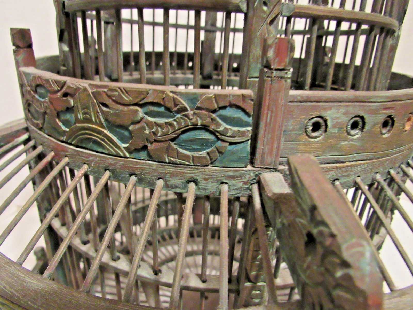 Vintage Chinese Wood Carved Pagoda Bird Cage, Oriental Geisha, Round