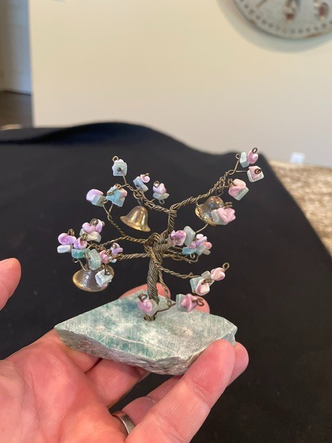 VNT Copper Wire Bonsai Tree with Brass Bells + Stone Blossoms on Quartz Base 4X3