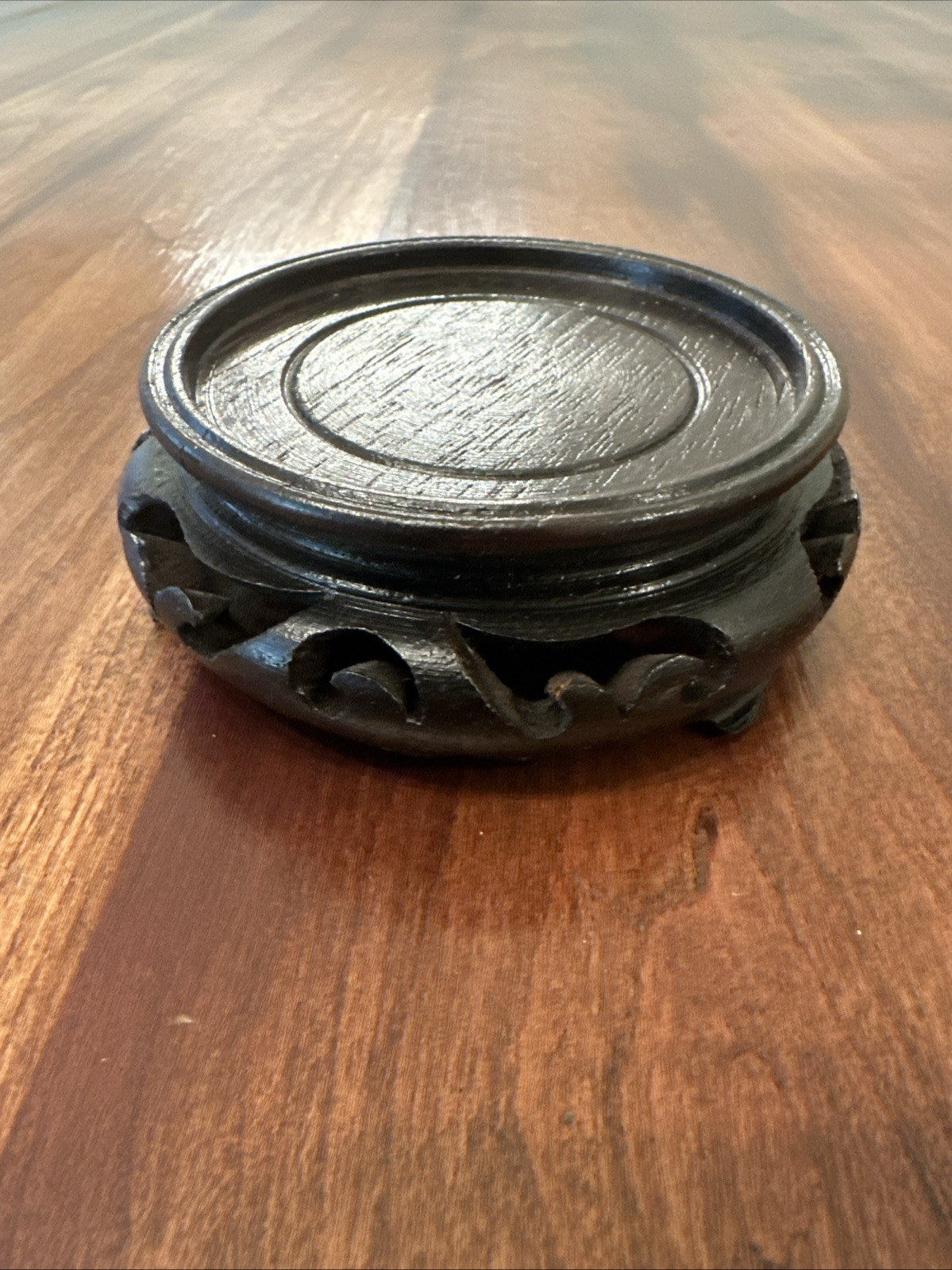 Chinese Hand Carved Wooden Vase Stand, 3″ Across Top Vintage