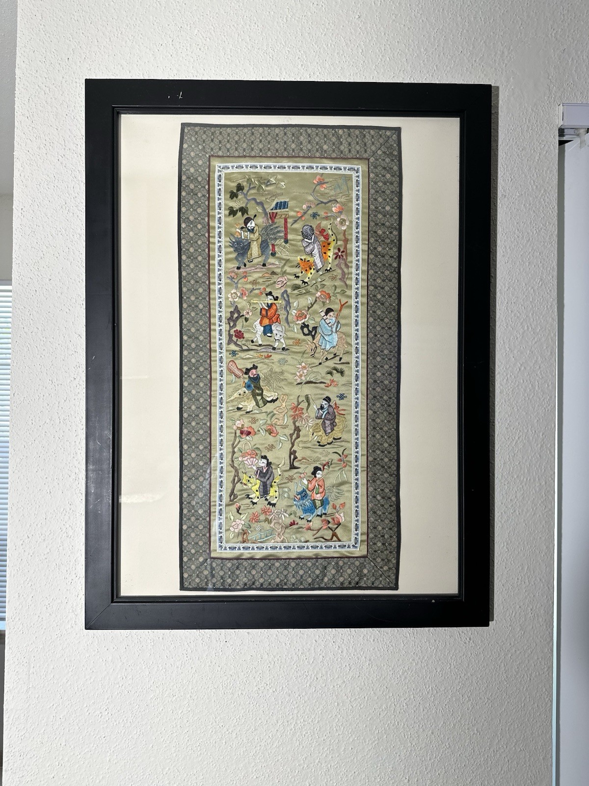 Chinese hand embroidered silk Art Piece Framed. The Actual Piece 27 X 13”