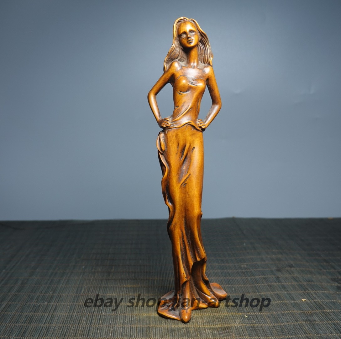 8.7″ Collect China Box-wood Carving Elegant Lady Beauty Modern Art Sculpture
