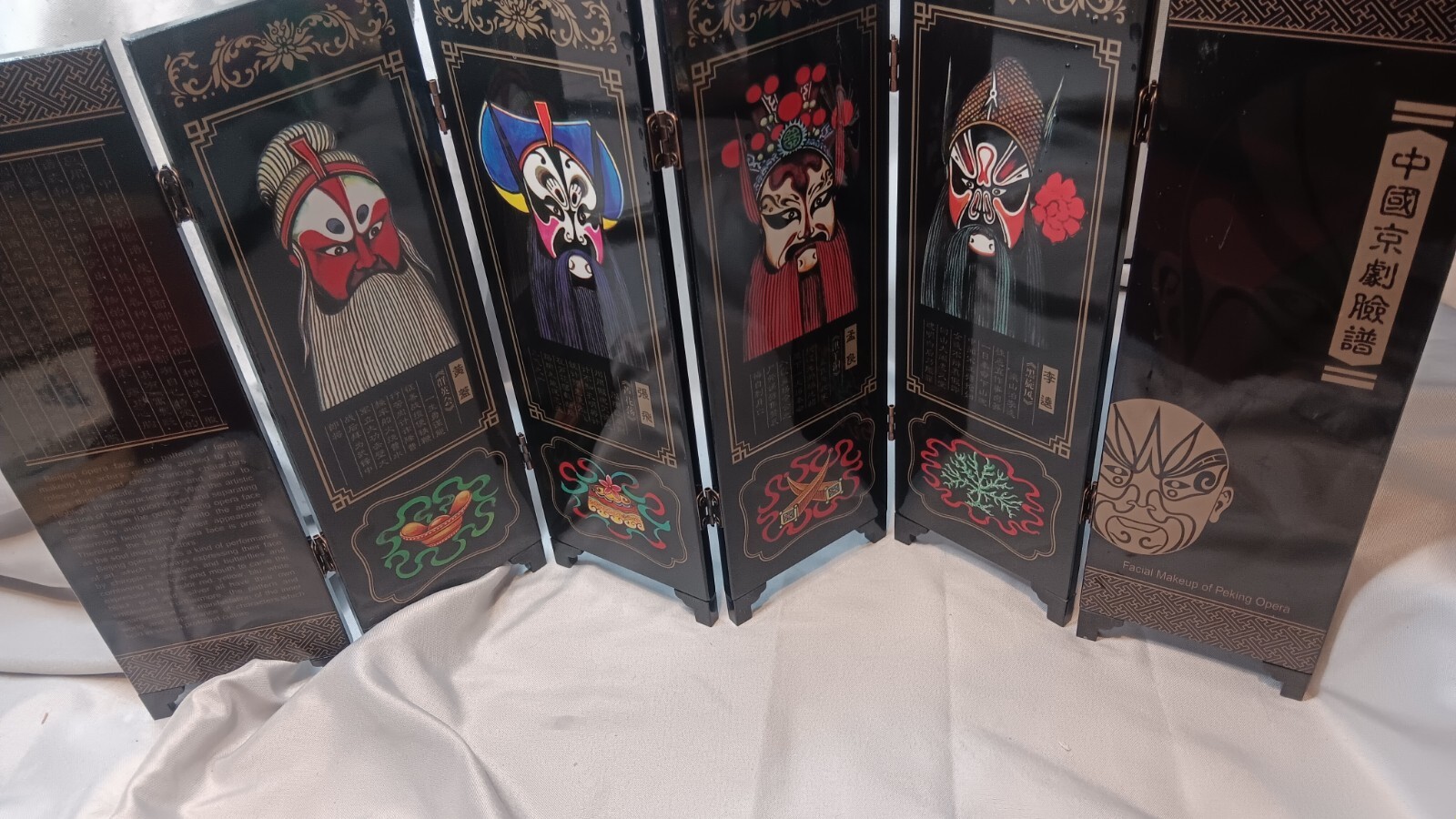 Miniature Black Lacquer 6-Panel Wooden Folding Screen Asian Peking Opera Masks